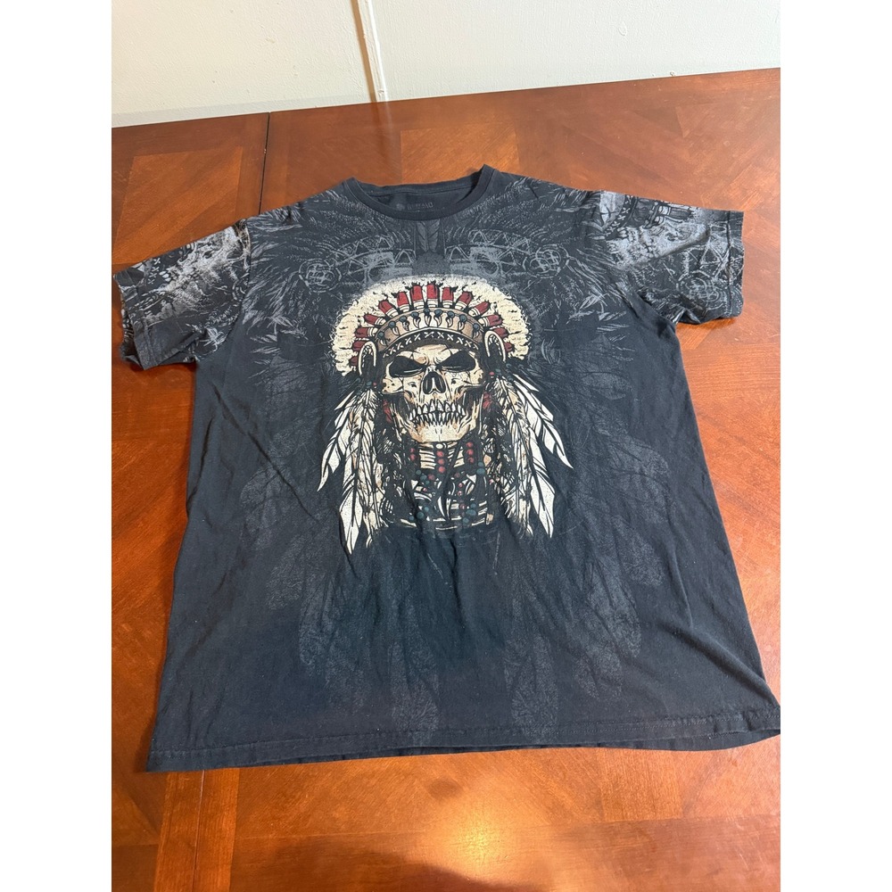 Buffalo Outdoors Mens 2XL Black Skull Headdress Graphic Tee All Over Print Shirt